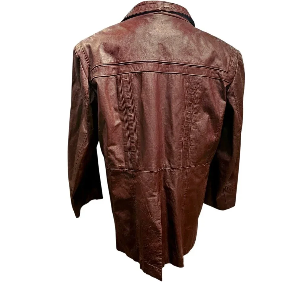 70s Dark Cherry Red Brown Leather‎ Coat Removable Sherpa Liner Sz 50 XL Disco